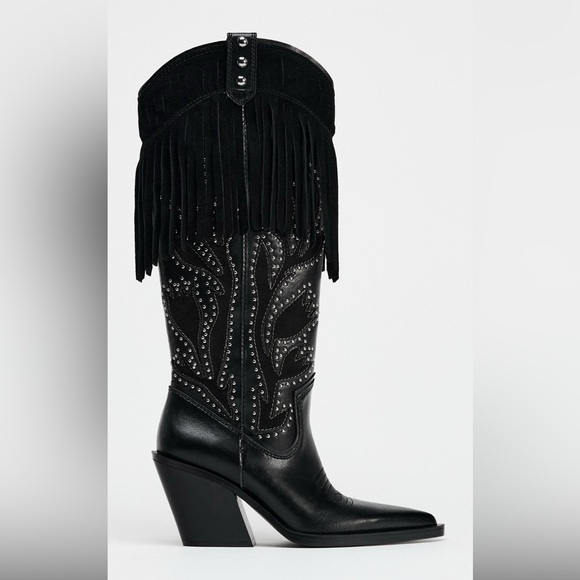 Zara Shoes - ZARA Western Fringe Cowgirl Boots Black Sz 6.5